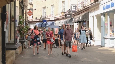 Rose Crescent restaurants with diners and view of shops, Cambridge, UK Stock Footage 92846177