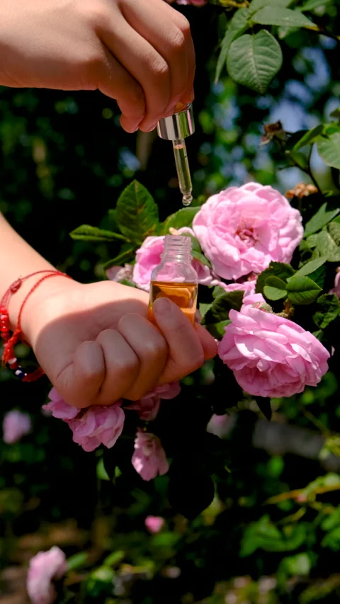 Rose essential oil in a bottle. Selective focus. Stock Footage 313349434