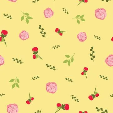 Rose floral repeat vector pattern on yellow background Stock Illustration