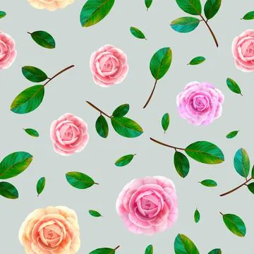 Rose floral seamless pattern with blooming pink and yellow flowers, leaves Illustrazione stock