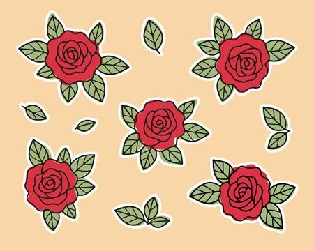 Rose Flower Isolated Sticker Pack Elements Hand Drawn Flat Vector Stock Illustration