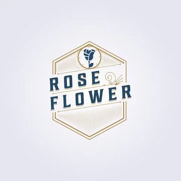 Rose flower logo monogram typography badge emblem vintage retro line circle v Stock Illustration