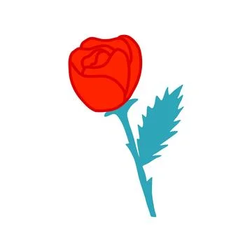 Rose flower on stem with leaf, doodle style flat vector Stock Illustration