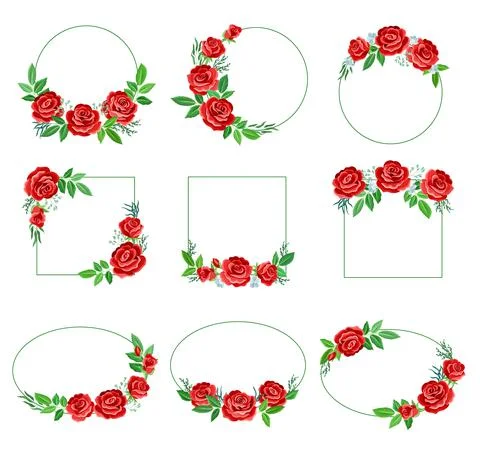 Rose Frame with Red Lush Bud and Green Leaves Arranged in Shape with Border Illustrazione stock
