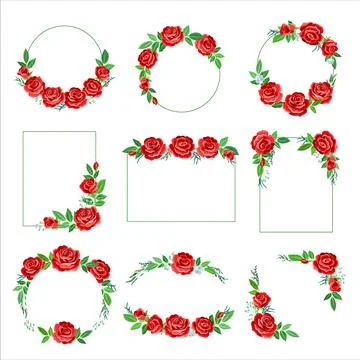 Rose Frame with Red Lush Bud and Green Leaves Arranged in Shape with Border Illustrazione stock