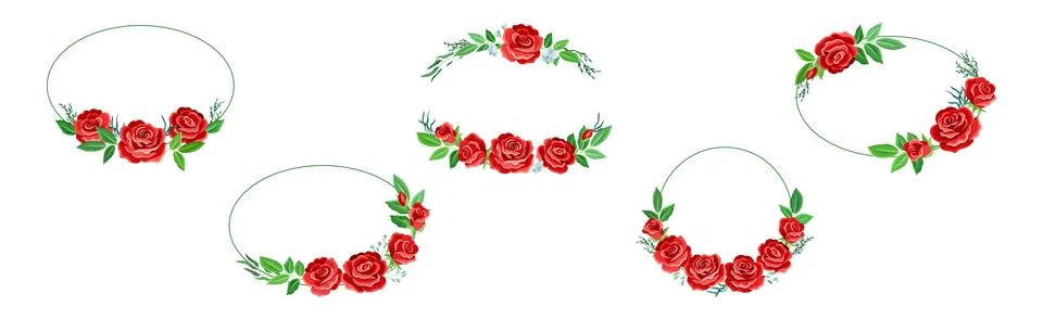 Rose Frame with Red Lush Bud and Green Leaves Arranged in Shape with Border Stock Illustration