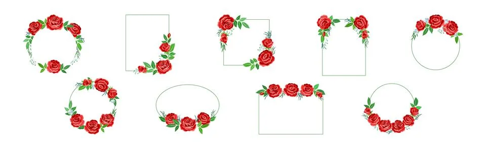 Rose Frame with Red Lush Bud and Green Leaves Arranged in Shape with Border Stock Illustration