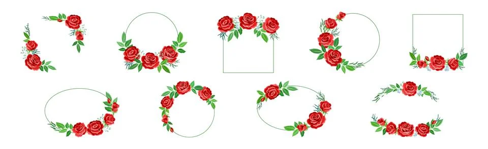 Rose Frame with Red Lush Bud and Green Leaves Arranged in Shape with Border Stock Illustration