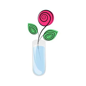 Rose in a glass container in the form of a test tube with water. Stylized flower Illustrazione stock