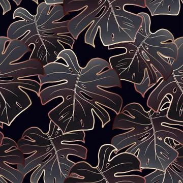 Rose gold and black monstera. Seamless pattern. Illustrazione stock