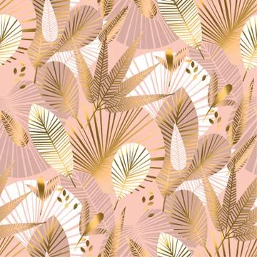 Rose gold tropical seamless pattern with palm foliage Illustrazione stock