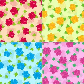 Rose with Green Leaves Seamless Pattern Set Vector Illustrazione stock