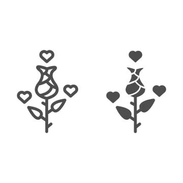 Rose with hearts line and solid icon. Rose flower with heart bubbles Stock Illustration