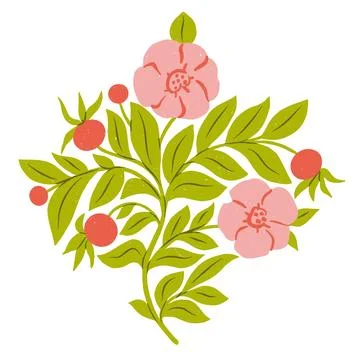 Rose Hip Blooming, Plants with Stems and Leaves. Vector Decorative Floral D.. Stock Illustration