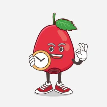 Rose Hip Fruit cartoon mascot character holding a clock Stock Illustration