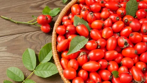 Rose hips in baskets on the table. Stock Footage 328441204