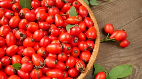 Rose hips in baskets on the table. Stock Footage 328592155