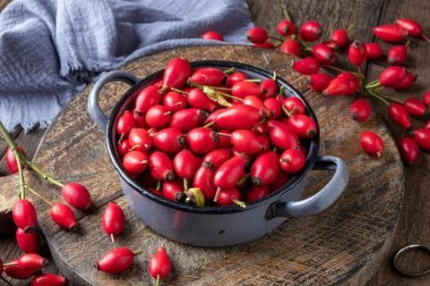 Rose hips in a pot on a table Stock Photos