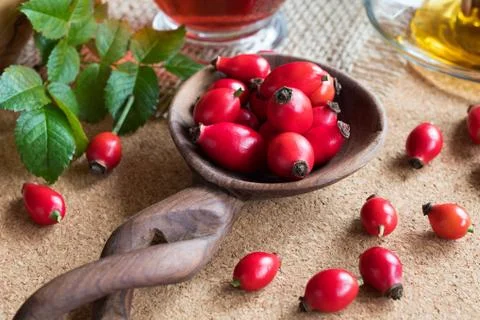 Rose hips on a spoon on the table Stock Photos