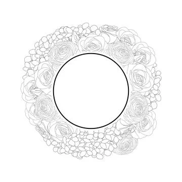 Rose, Hydrangea and Ranunculus Banner Wreath Outline Stock Illustration