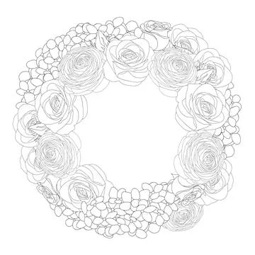Rose, Hydrangea and Ranunculus Wreath Outline Stock Illustration