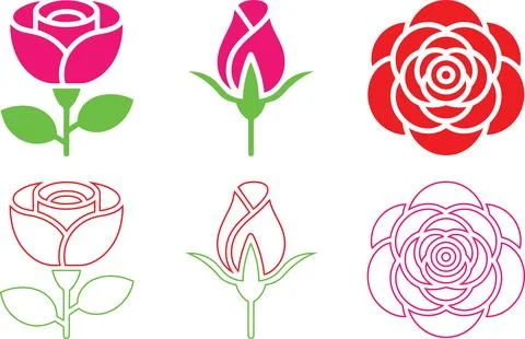 Rose Icon Set, Flower Bloom Bud and Top View Symbol Pink Red Vector Illustrazione stock