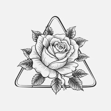 Rose Inside Triangle Geometric Design Black and White Flower Illustration Stock Illustration