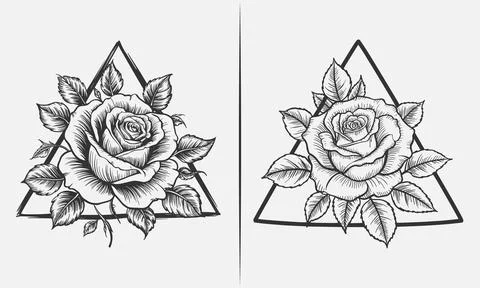 Rose Inside Triangle Geometric Design Black and White Flower Illustration Stock Illustration