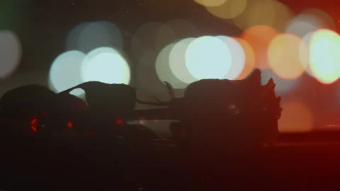 Rose lying at the car front window, passing cars outside, lights out of focus Stock Footage 235821547