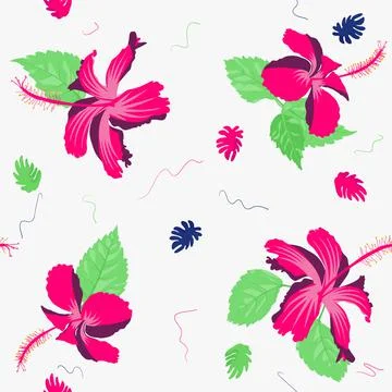 Rose mallow swatch pattern texture with jungle style tropical flower collage. Stock Illustration