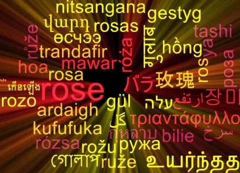 Rose multilanguage wordcloud background concept glowing Stock Illustration