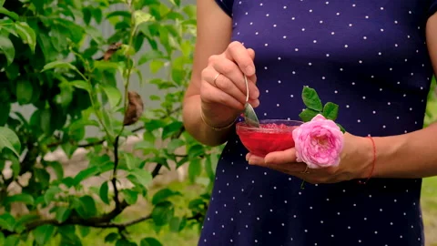 Rose petal jam in the garden. Selective focus. Stock Footage 313349758