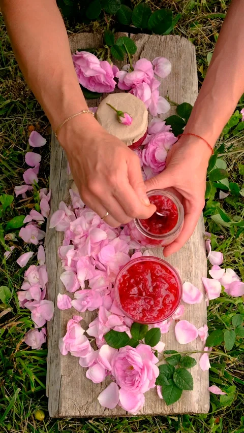 Rose petal jam in the garden. Selective focus. Stock Footage 313397546