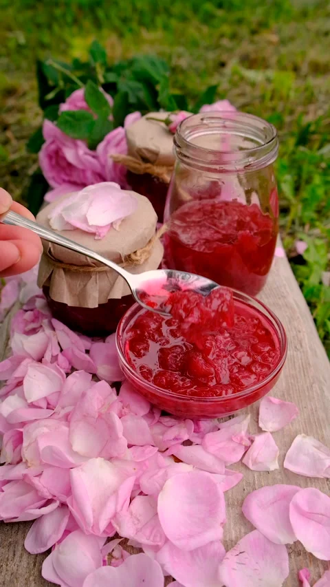 Rose petal jam in the garden. Selective focus. Stock Footage 314712445