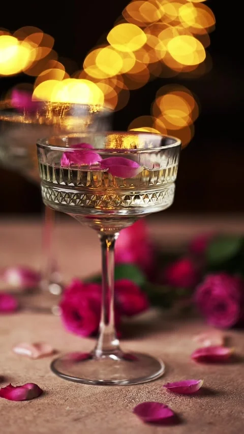 Rose Petals Drop into Champagne on Romantic Evening Table Stock Footage 323570880