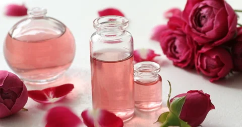 Rose petals falling on white table with open perfume bottles of essential Stock-Footage 306316634