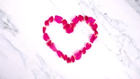 Rose petals in heart shape move on bright marble surface background Stock Footage 327572762