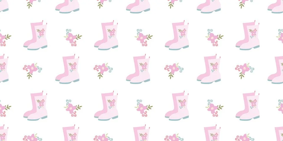 Rose Rain boots Seamless Pattern. Pink Rubber boots and Flowers on White ba.. Stock Illustration