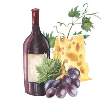 Rose red wine splashed bottle with wine glass, red grapes brunch, fruits, figs Stock Illustration