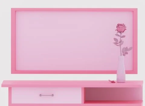 A rose in a vase on a table, a frame or a board hangs on the wall Illustrazione stock