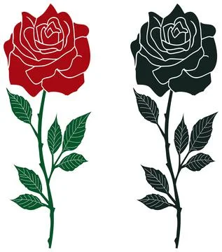 Rose vector with abstract branch and jagged leaves in red, dark green and black. Stock Illustration