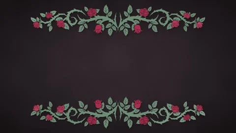 Rose vine border growing at the top and bottom with blooming roses and falling Stock Footage 348299643
