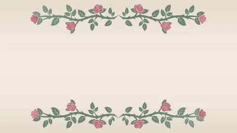 Rose vine border growing at the top and bottom with blooming roses and fall.. Stock Illustration