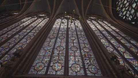 Rose Window and Vaulted Ceiling in Gothic Chapel Stock Footage 341342389