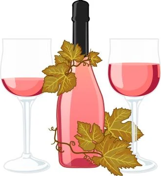 Rose wine bottle with two filled glasses Stock Illustration