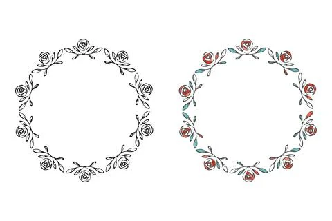 Rose wreath, decorative frames set. Hand drawn doodle flower, leaves, black ink Stock Illustration