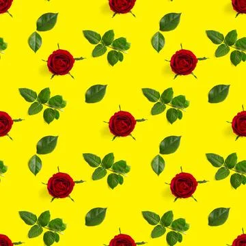 Rosebud seamless pattern. head of rose bloom isolated on yellow pattern, pop art Stock Photos