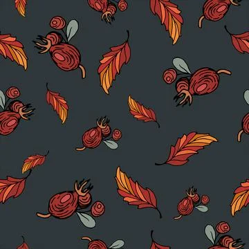 Rosehip with leaves pattern. Seamless pattern with Rosehips on a twig in natu Stock Illustration