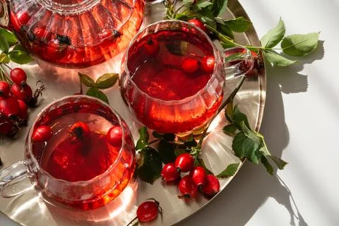 Rosehip tea served in glass cups and teapot on a metallic tray with fresh r.. Stock Photos