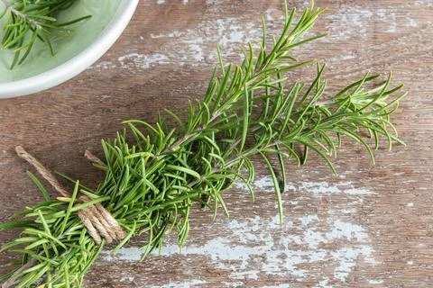 Rosemary branches cut on rustic background Stock Photos
